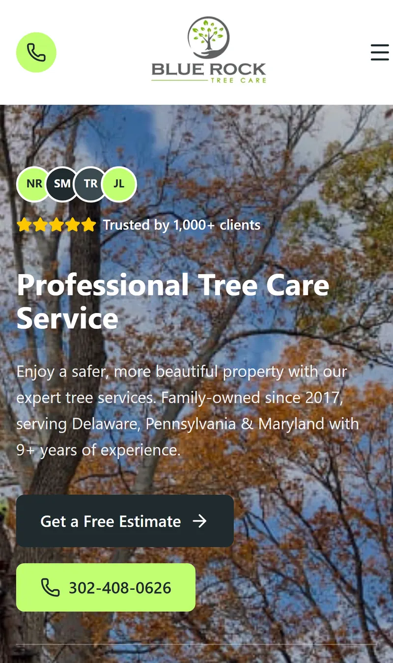 Blue Rock Tree Care website homepage built by Peak Web Technologies