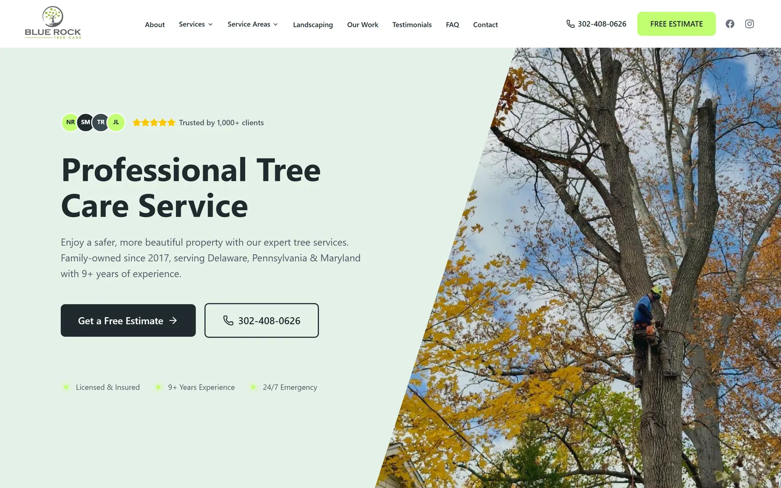 Blue Rock Tree Care website homepage built by Peak Web Technologies