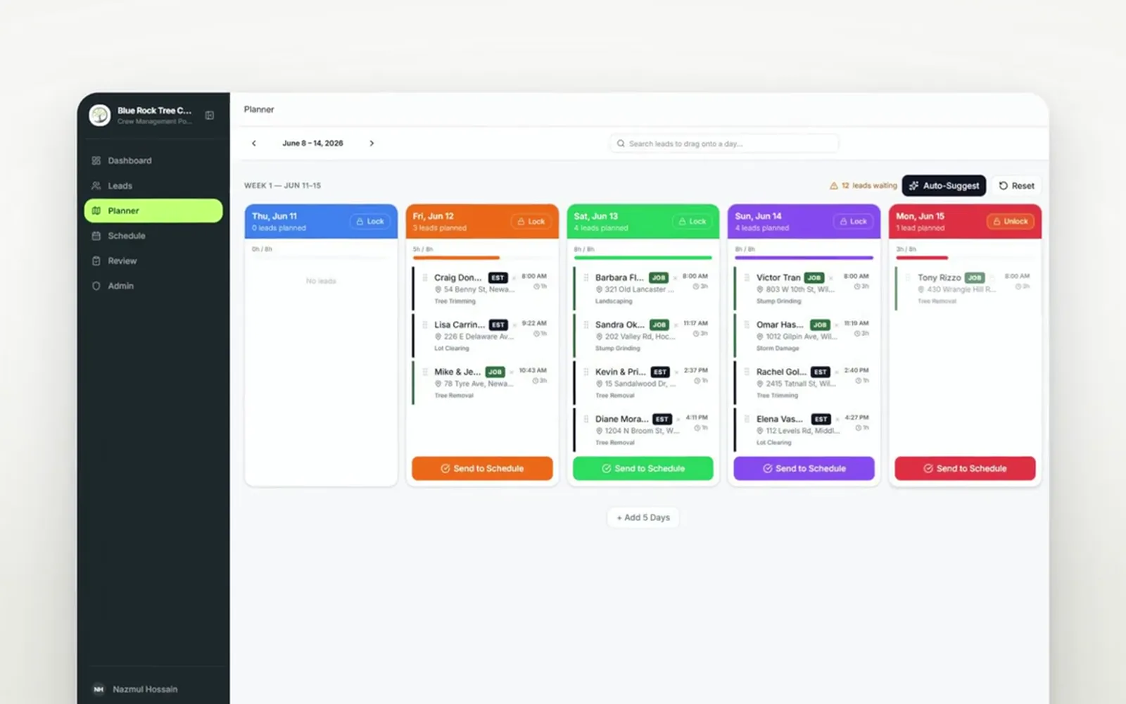 Weekly job planner inside the custom CRM platform Peak Web built, shown with demo data