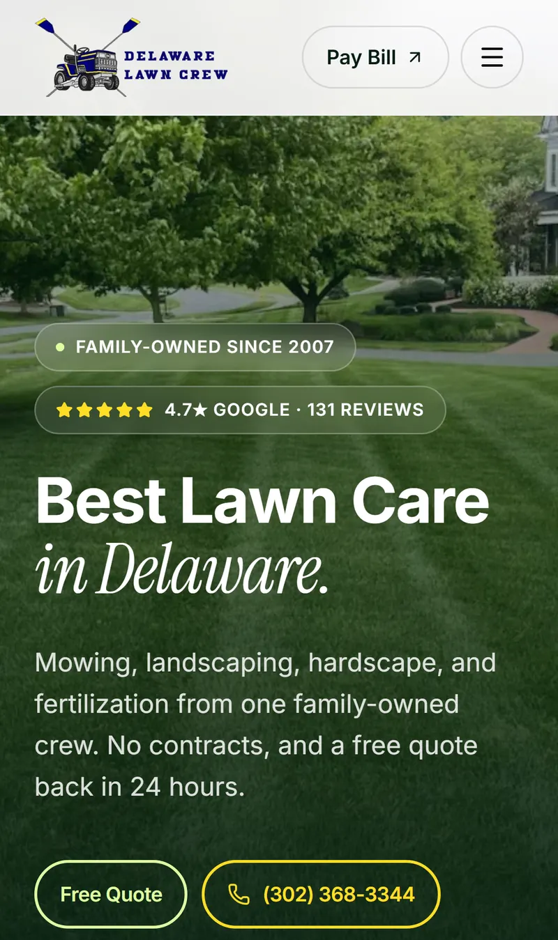 Delaware Lawn Crew lawn care website homepage built by Peak Web Technologies